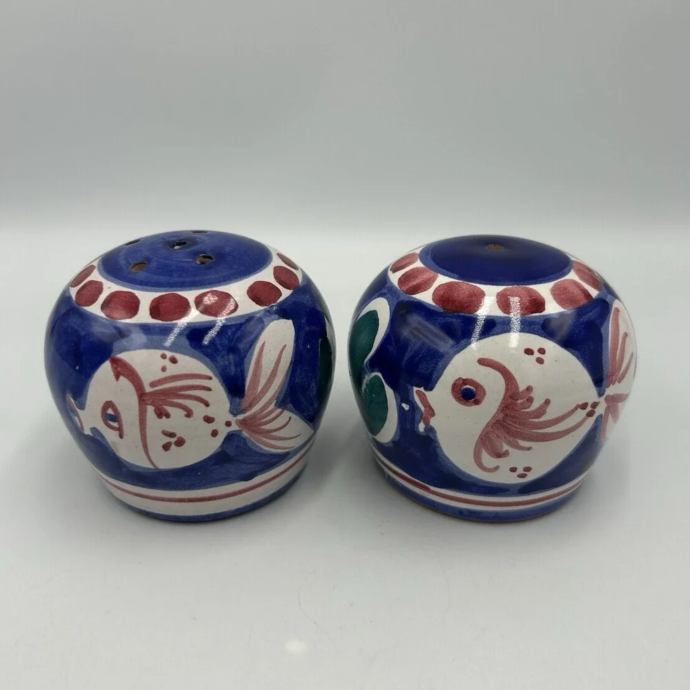 Vietri Solimene Salt & Pepper Shakers Blue With Fish Made In Italy